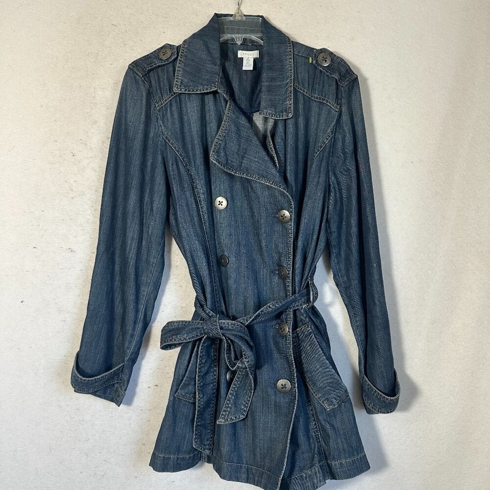 CHICOS JACKET SIZE L 12 DENIM TRENCH DORA LYOCELL INDIGO BLUE BUTTON UP